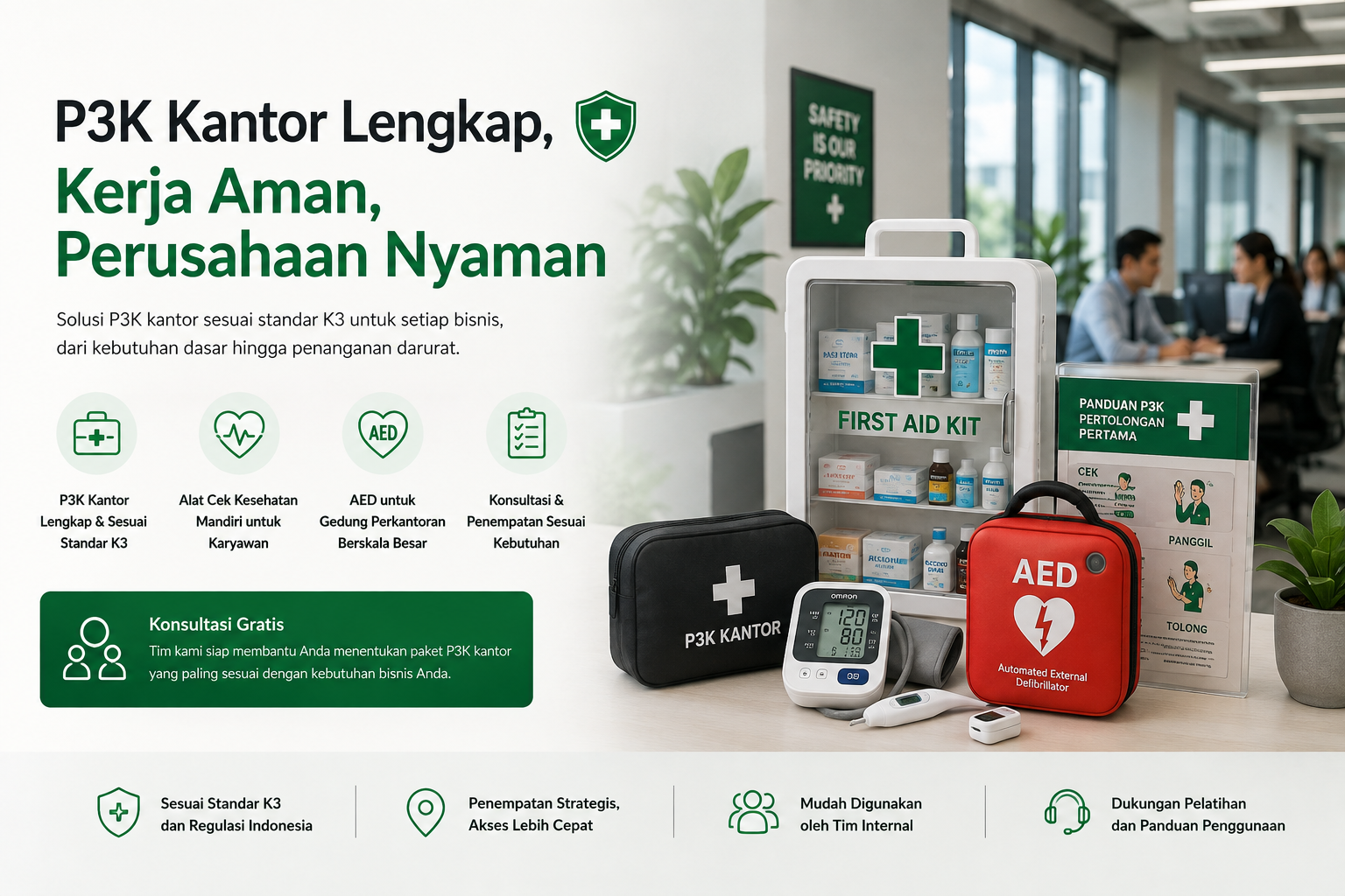 P3K kantor lengkap, AED, dan alat cek kesehatan untuk perkantoran - Gudang Alkes